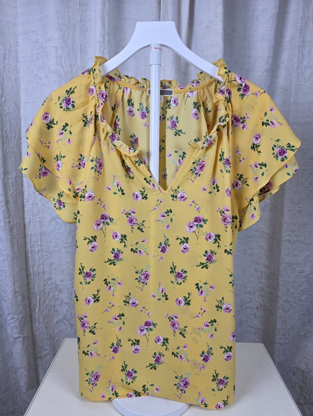 Pleione Yellow Floral Ruffle-Trim Blouse